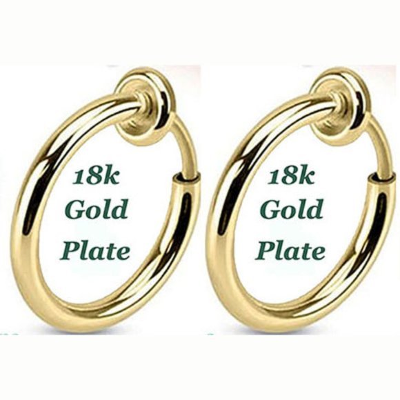 2 18k Plate Spring Clip-on Fake Nose Lip Earrings Body Jewelry Goth-No PAIN! NEW - Picture 2 of 5